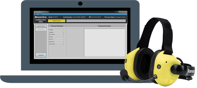 Notebook computer running Sonetics Configuration Utility software next to a Sonetics Wireless Headset.